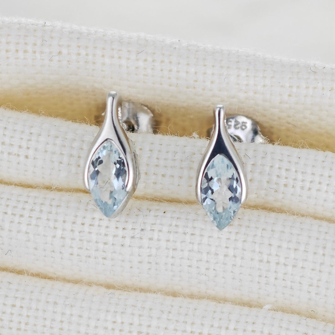 Aquamarine Earrings Sterling Silver Studs Minimalist Marquise