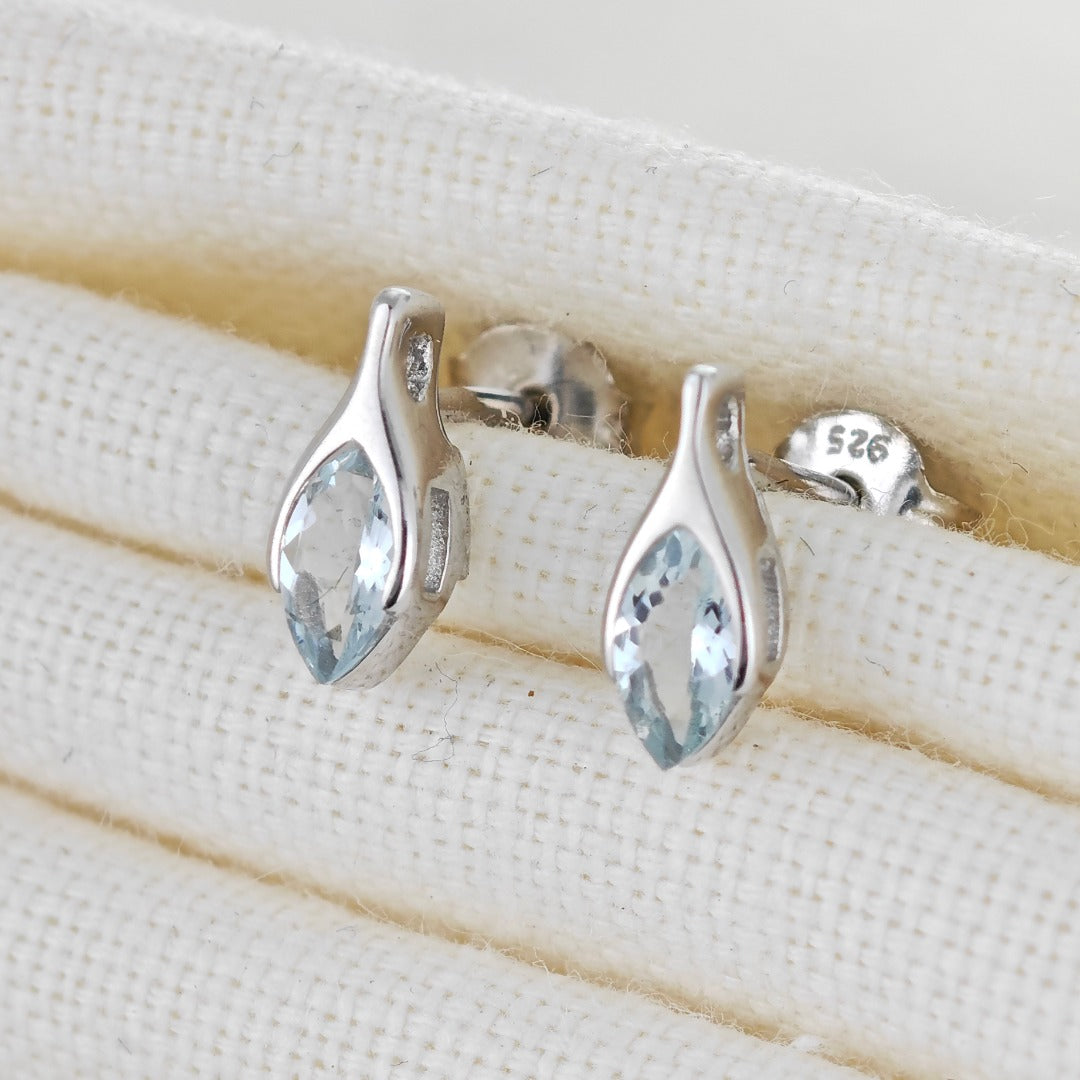 Aquamarine Earrings Sterling Silver Studs Minimalist Marquise