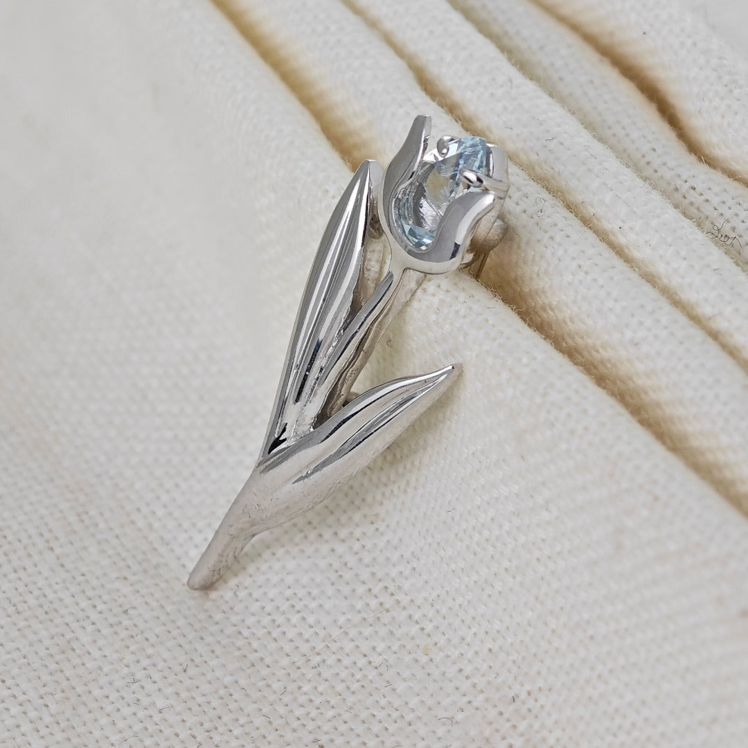 Sterling Silver Tulip Brooch Aquamarine Natural Blue Gemstone