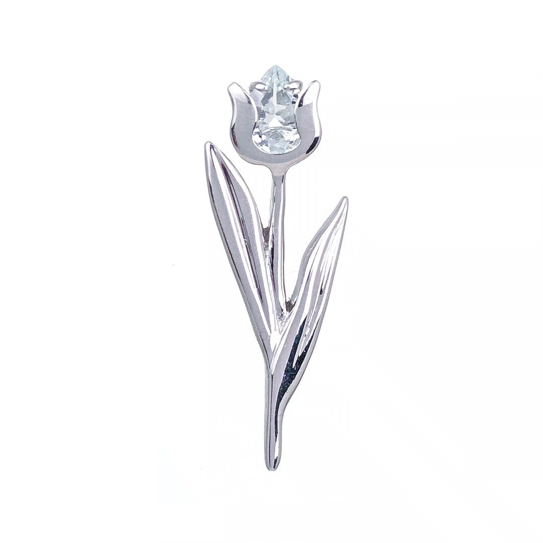 Sterling Silver Tulip Brooch Aquamarine Natural Blue Gemstone