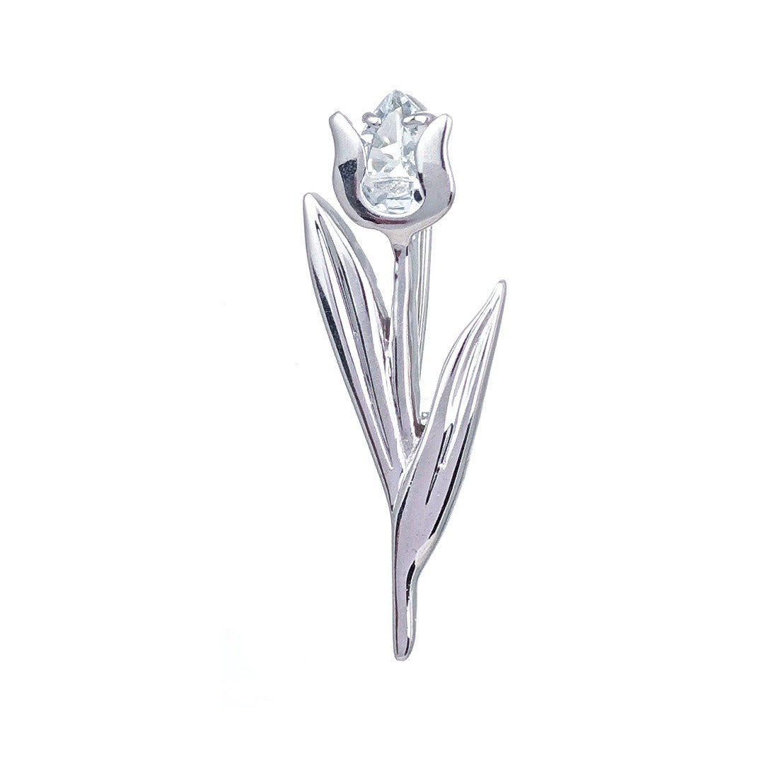 Sterling Silver Tulip Brooch Aquamarine Natural Blue Gemstone