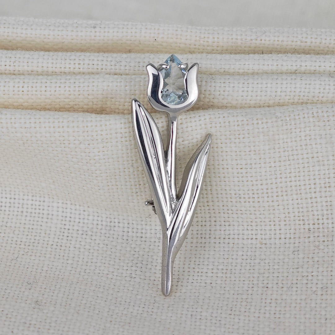 Sterling Silver Tulip Brooch Aquamarine Natural Blue Gemstone