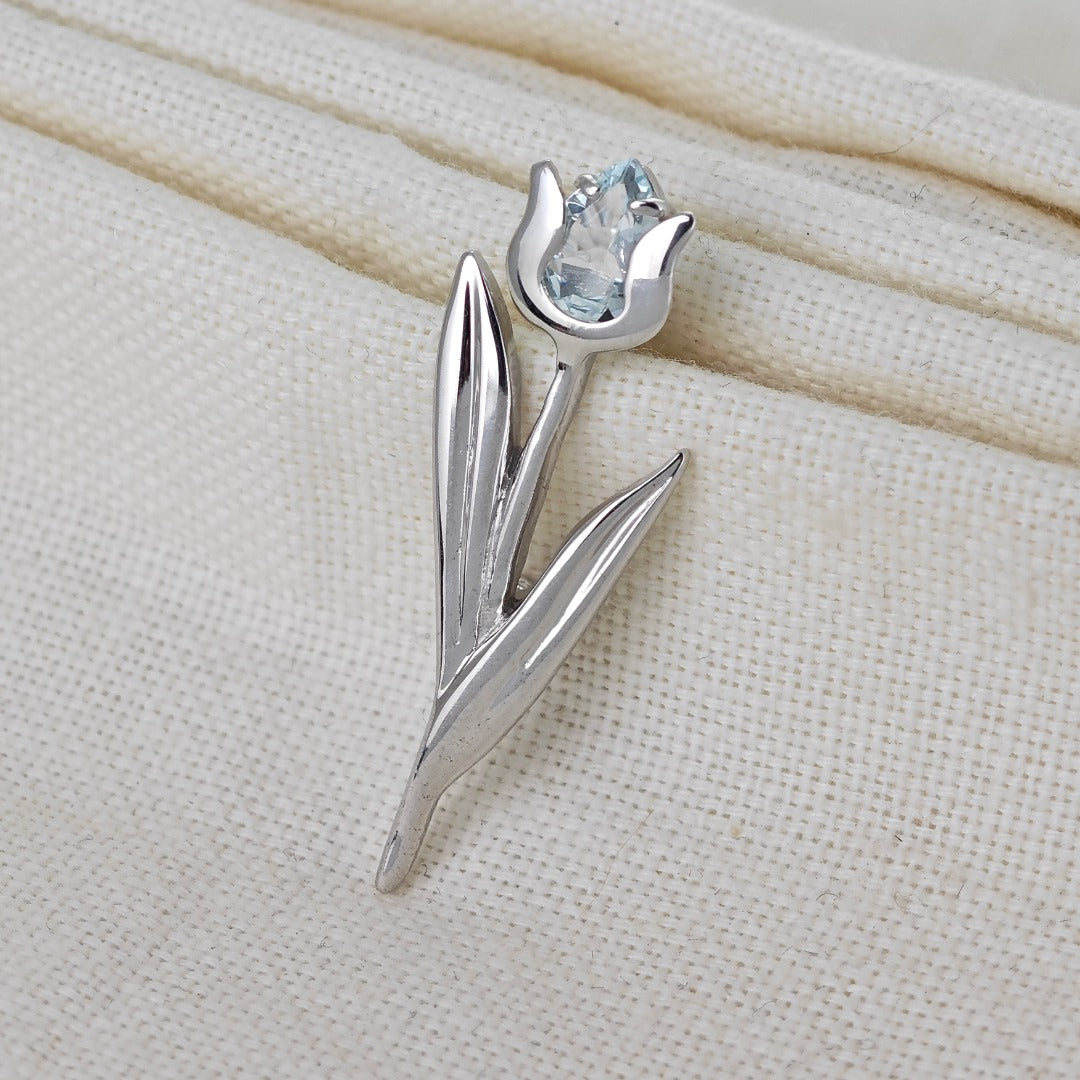 Sterling Silver Tulip Brooch Aquamarine Natural Blue Gemstone