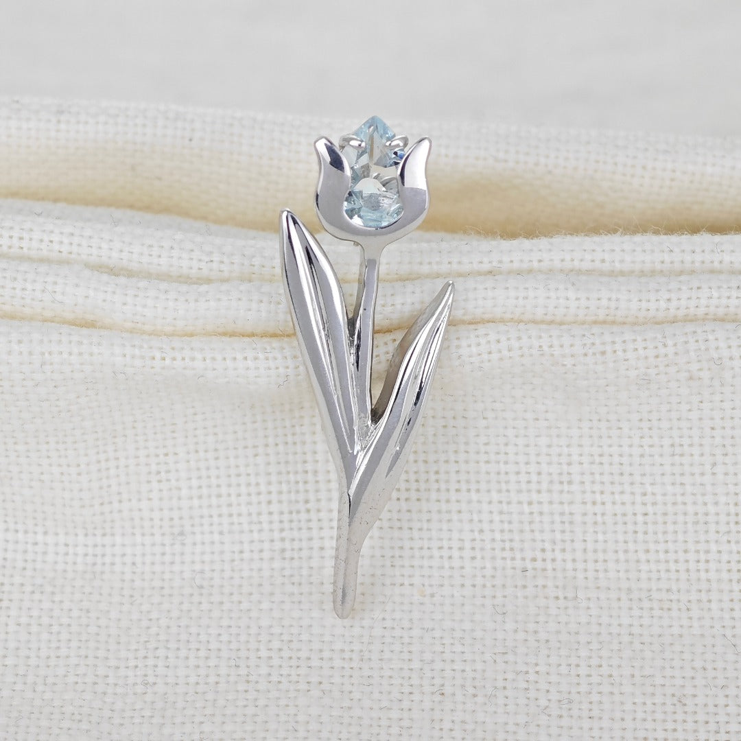 Sterling Silver Tulip Brooch Aquamarine Natural Blue Gemstone