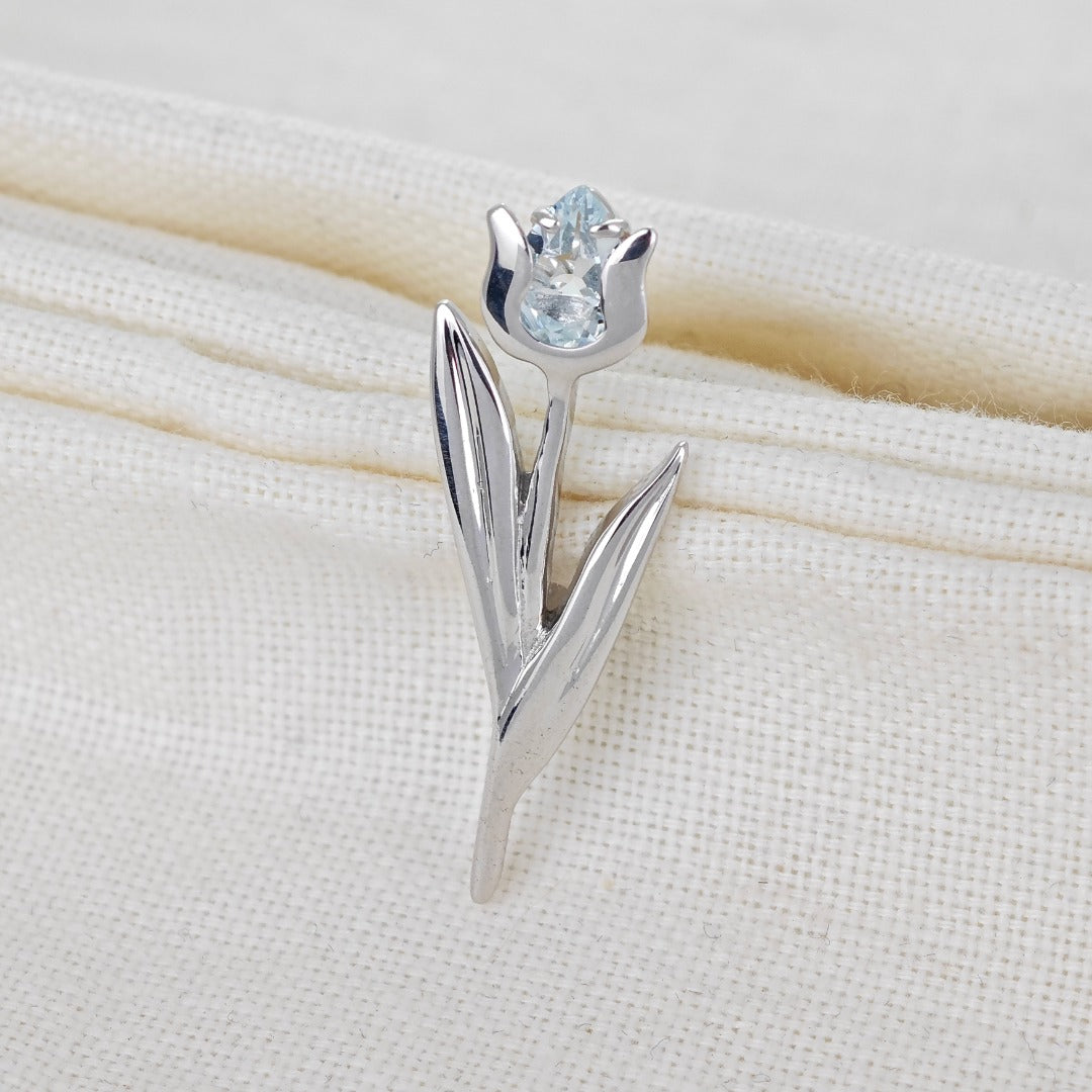 Sterling Silver Tulip Brooch Aquamarine Natural Blue Gemstone