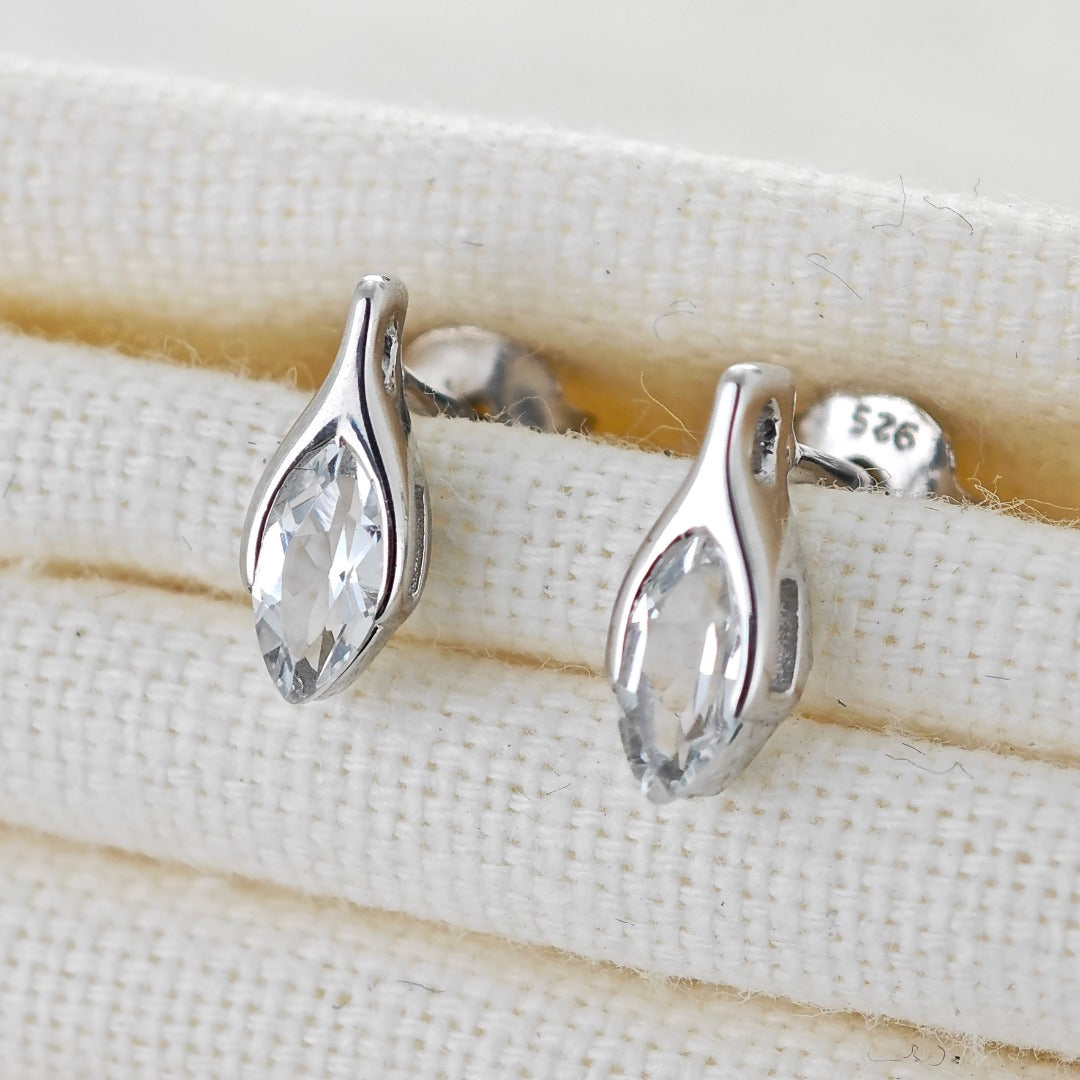 White Topaz Earrings Sterling Silver Studs Minimalist Marquise