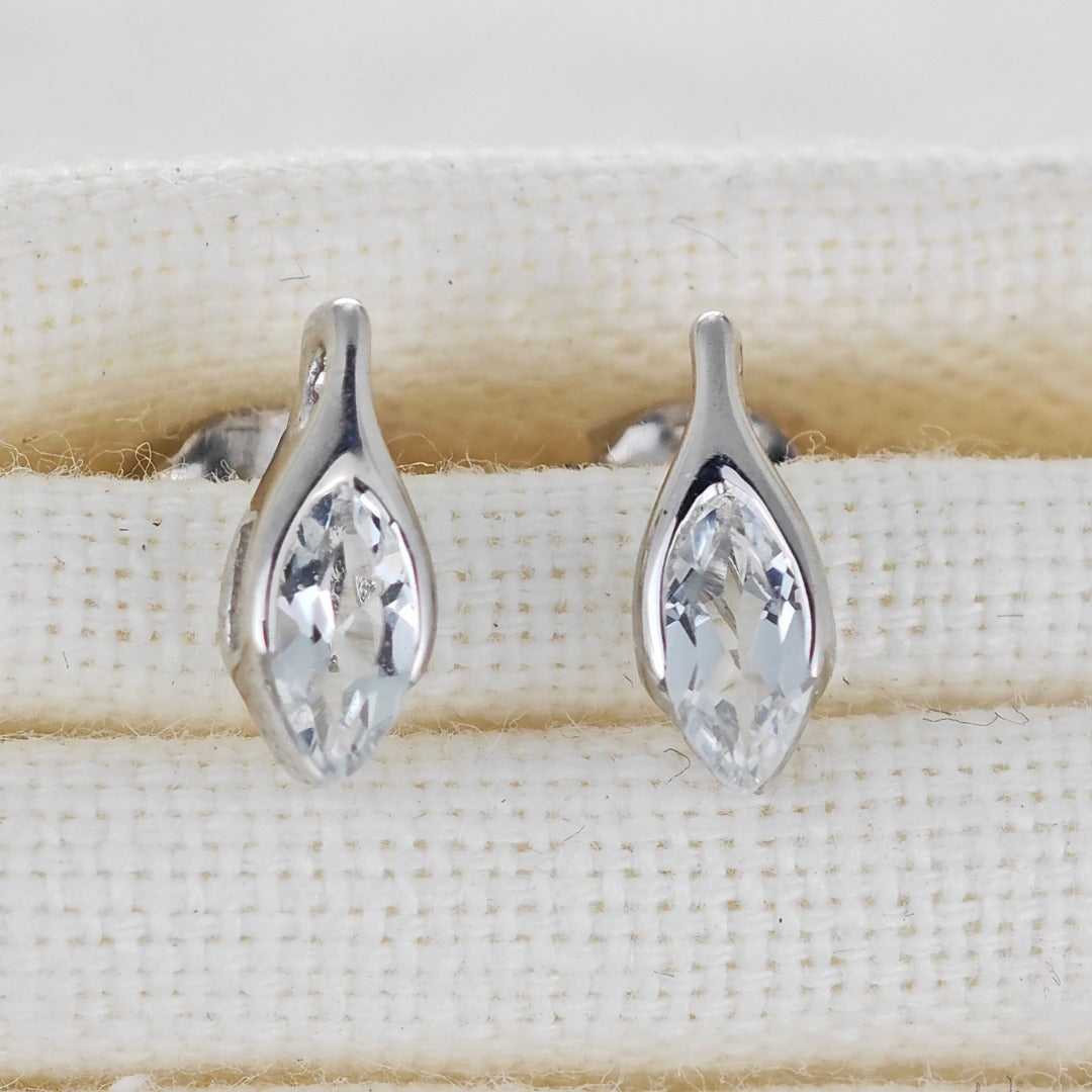 White Topaz Earrings Sterling Silver Studs Minimalist Marquise