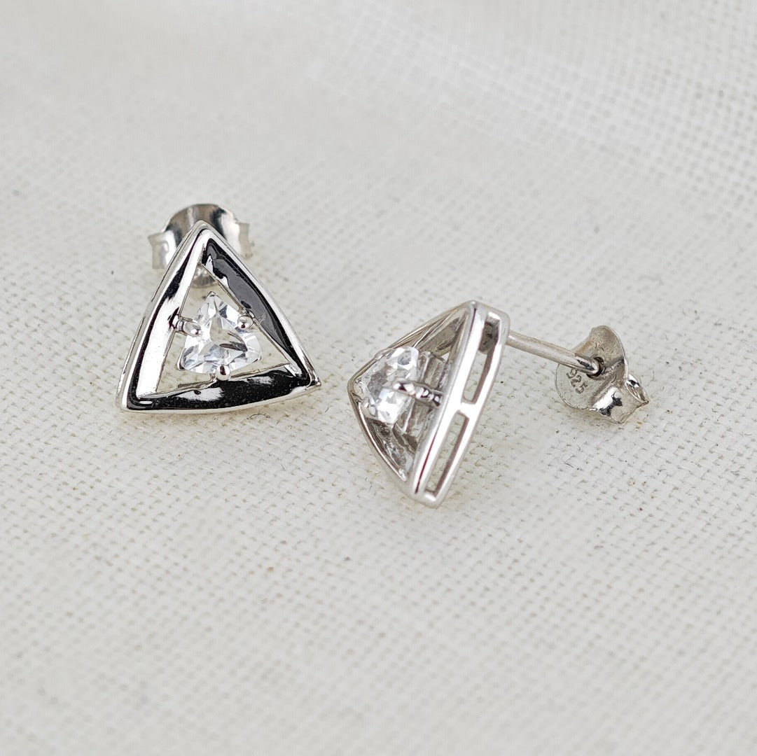 White Topaz Earrings Sterling Silver Studs Trillion