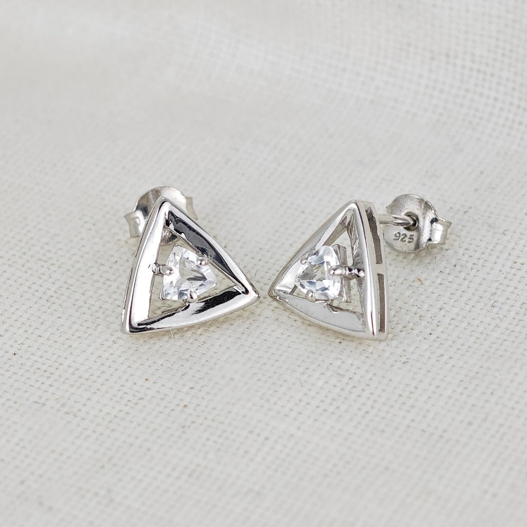 White Topaz Earrings Sterling Silver Studs Trillion