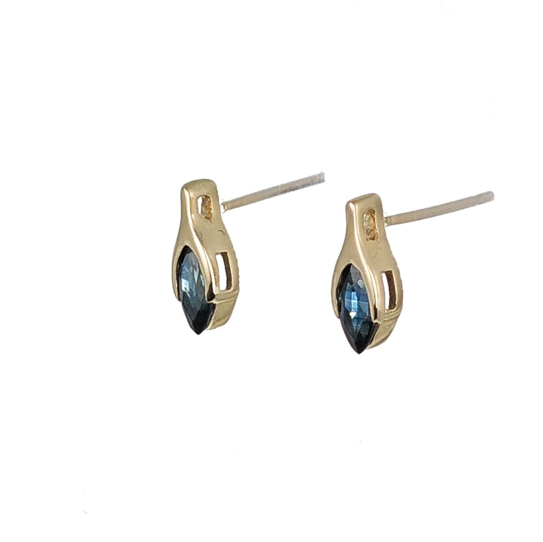 Blue Sapphire Earrings 9ct Yellow Gold Studs Minimalist Marquise