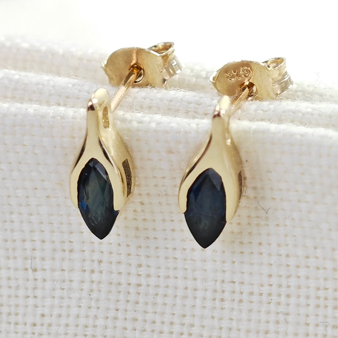 Blue Sapphire Earrings 9ct Yellow Gold Studs Minimalist Marquise