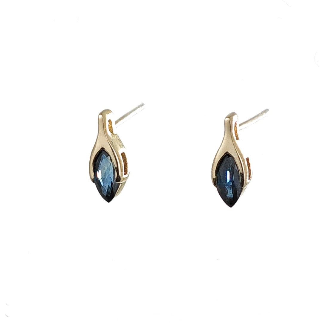 Blue Sapphire Earrings 9ct Yellow Gold Studs Minimalist Marquise