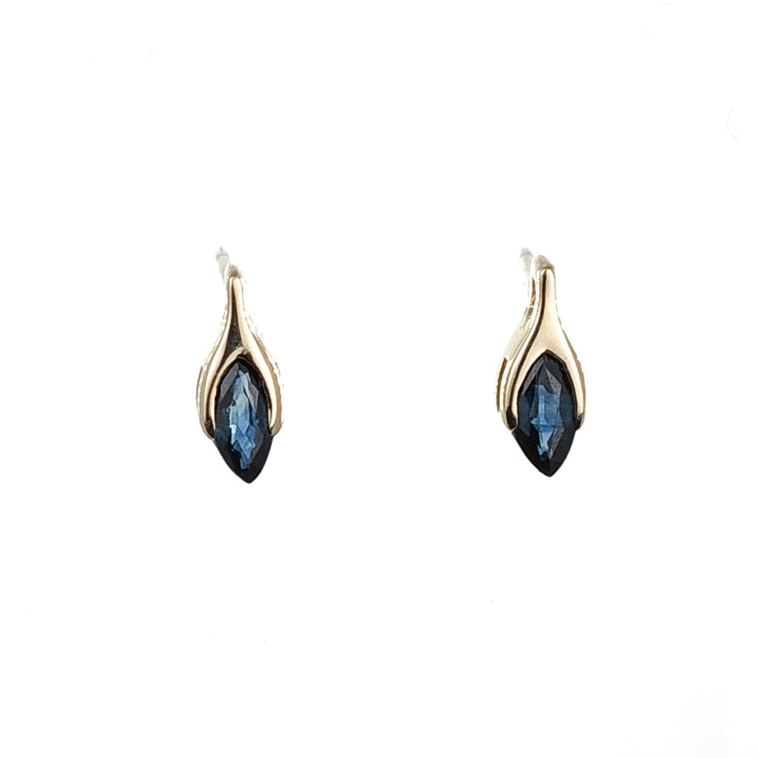 Blue Sapphire Earrings 9ct Yellow Gold Studs Minimalist Marquise