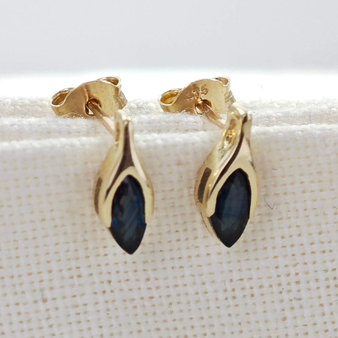 Blue Sapphire Earrings 9ct Yellow Gold Studs Minimalist Marquise