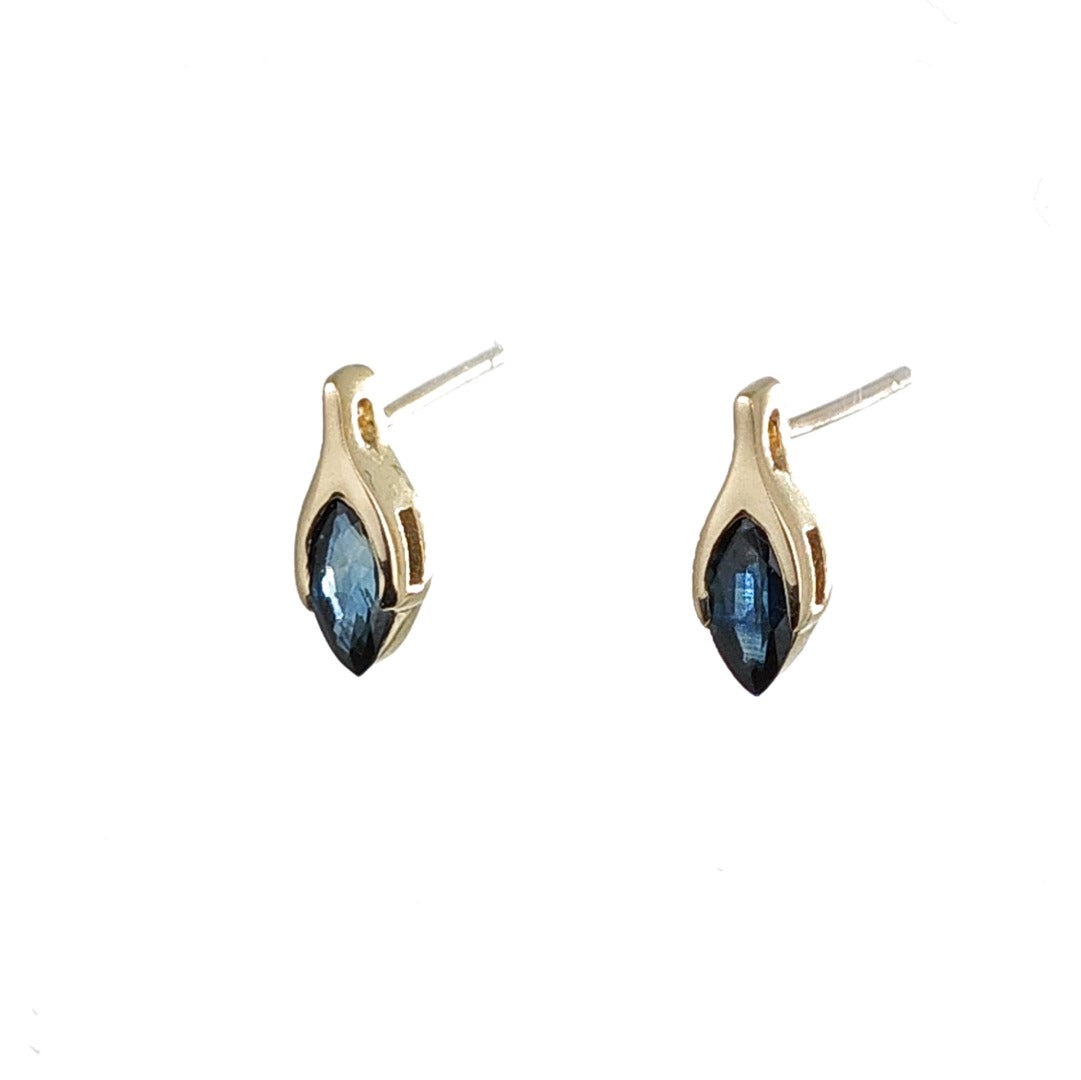 Blue Sapphire Earrings 9ct Yellow Gold Studs Minimalist Marquise