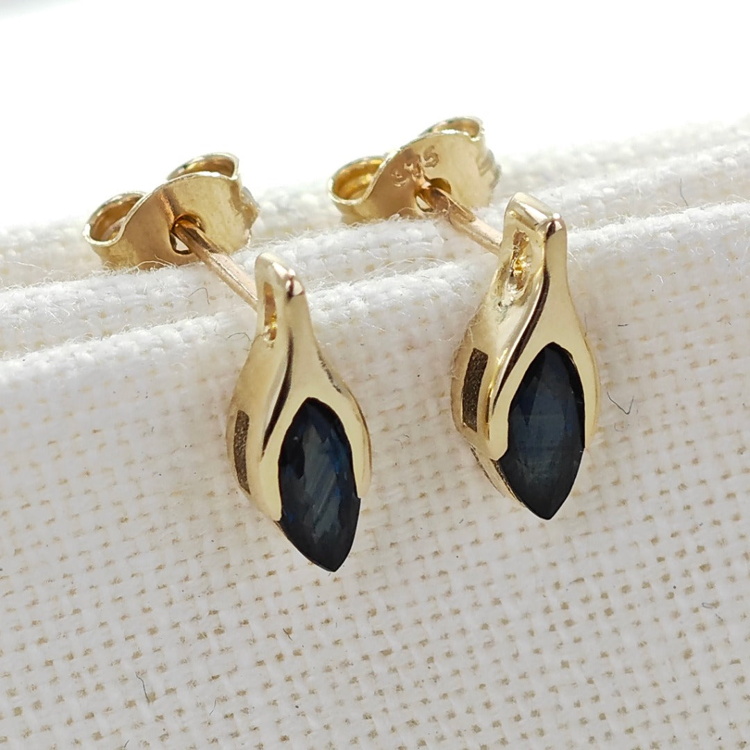 Blue Sapphire Earrings 9ct Yellow Gold Studs Minimalist Marquise