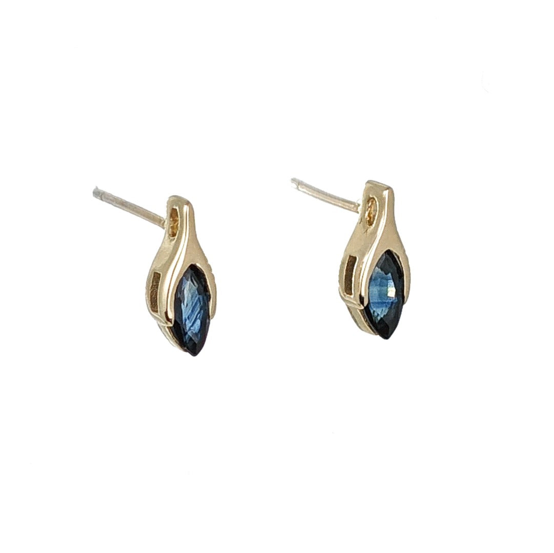 Blue Sapphire Earrings 9ct Yellow Gold Studs Minimalist Marquise