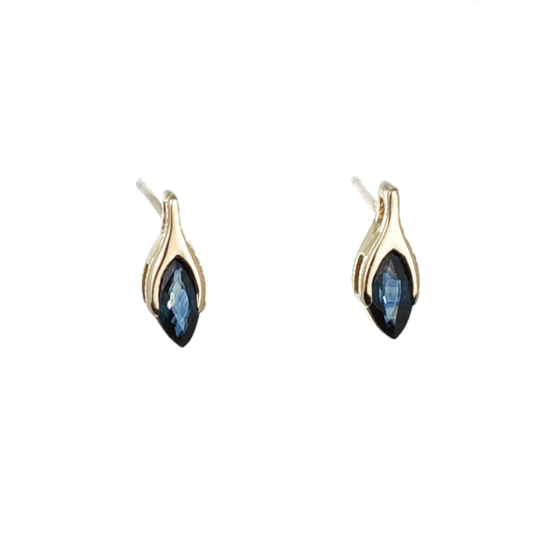 Blue Sapphire Earrings 9ct Yellow Gold Studs Minimalist Marquise