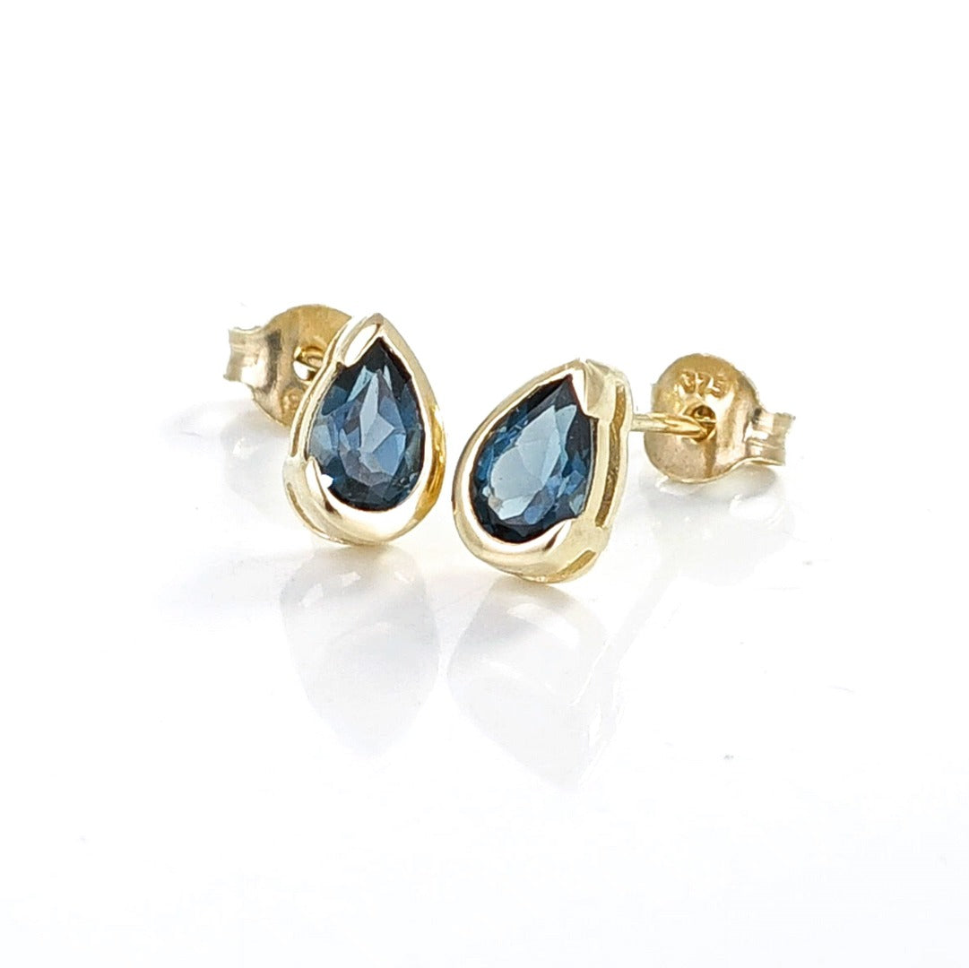 9ct Yellow Gold Earrings  London Blue Treated Topaz Studs Handmade