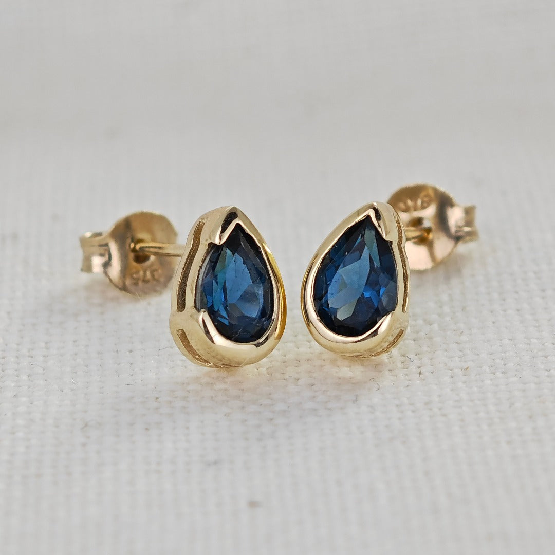 9ct Yellow Gold Earrings  London Blue Treated Topaz Studs Handmade