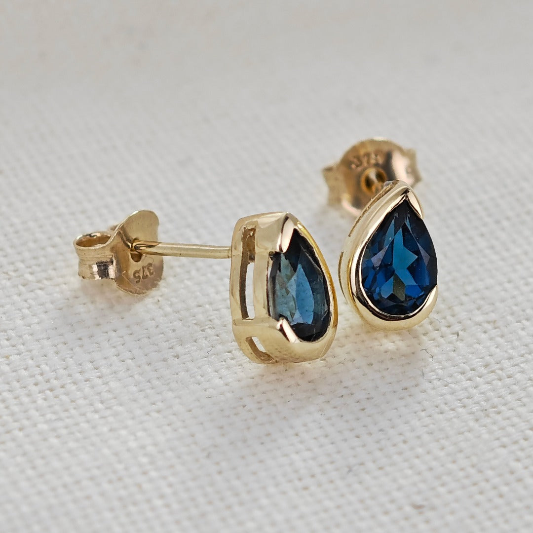 9ct Yellow Gold Earrings  London Blue Treated Topaz Studs Handmade