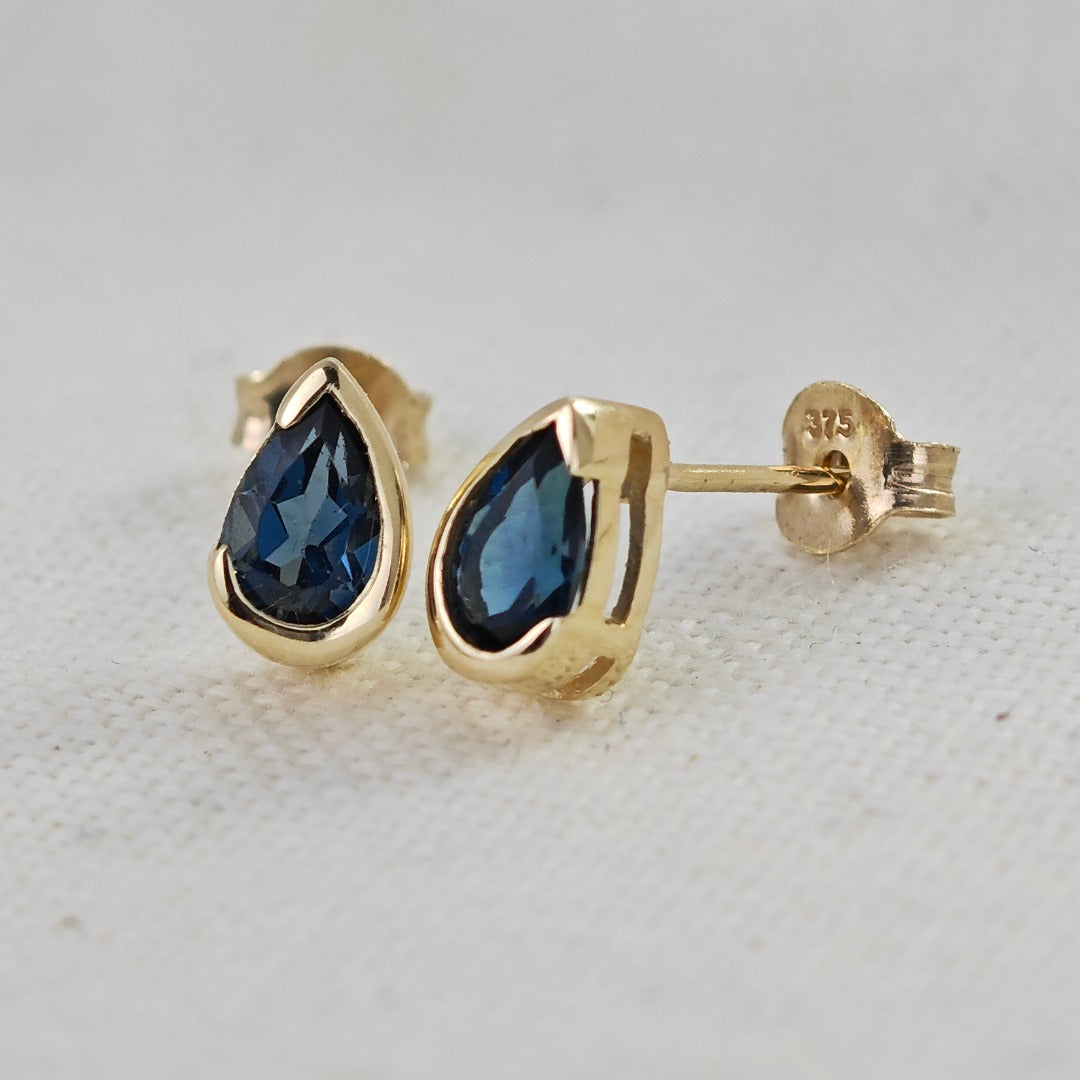 9ct Yellow Gold Earrings  London Blue Treated Topaz Studs Handmade