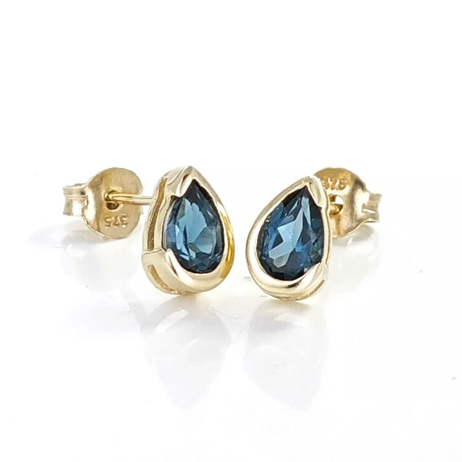 9ct Yellow Gold Earrings  London Blue Treated Topaz Studs Handmade