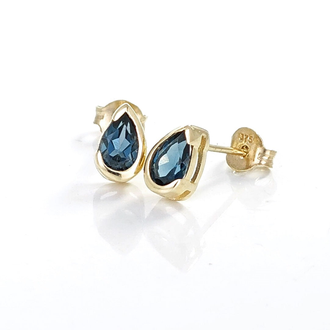 9ct Yellow Gold Earrings  London Blue Treated Topaz Studs Handmade