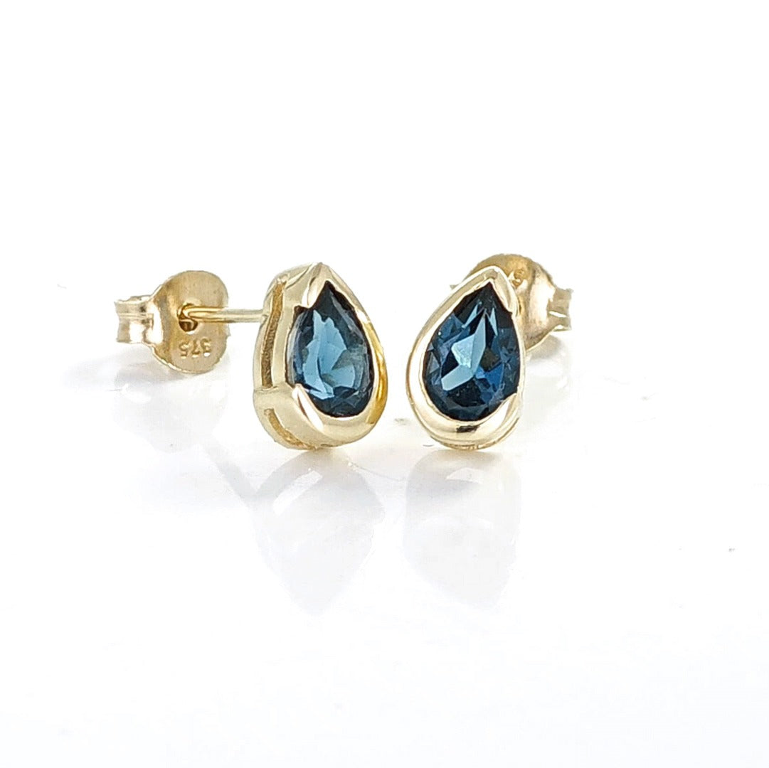 9ct Yellow Gold Earrings  London Blue Treated Topaz Studs Handmade