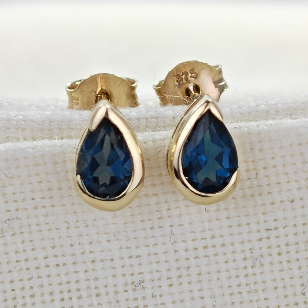 9ct Yellow Gold Earrings  London Blue Treated Topaz Studs Handmade