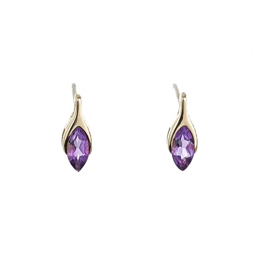 9ct Amethyst Earrings Yellow Gold Studs Minimalist Marquise Handmade UK Design