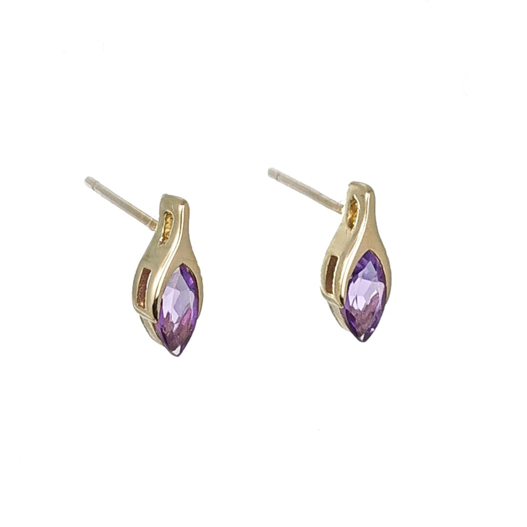 9ct Amethyst Earrings Yellow Gold Studs Minimalist Marquise Handmade UK Design