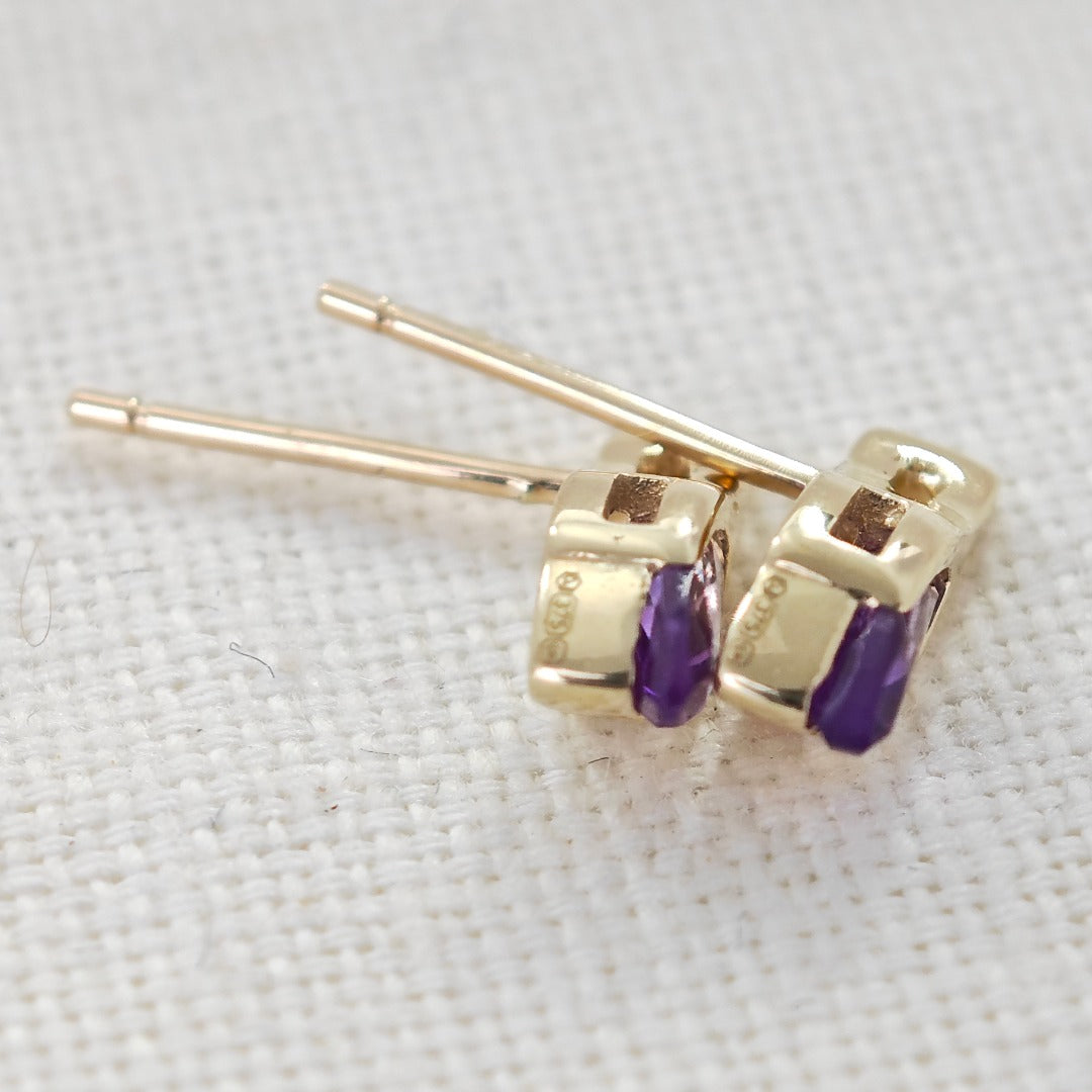 9ct Amethyst Earrings Yellow Gold Studs Minimalist Marquise Handmade UK Design