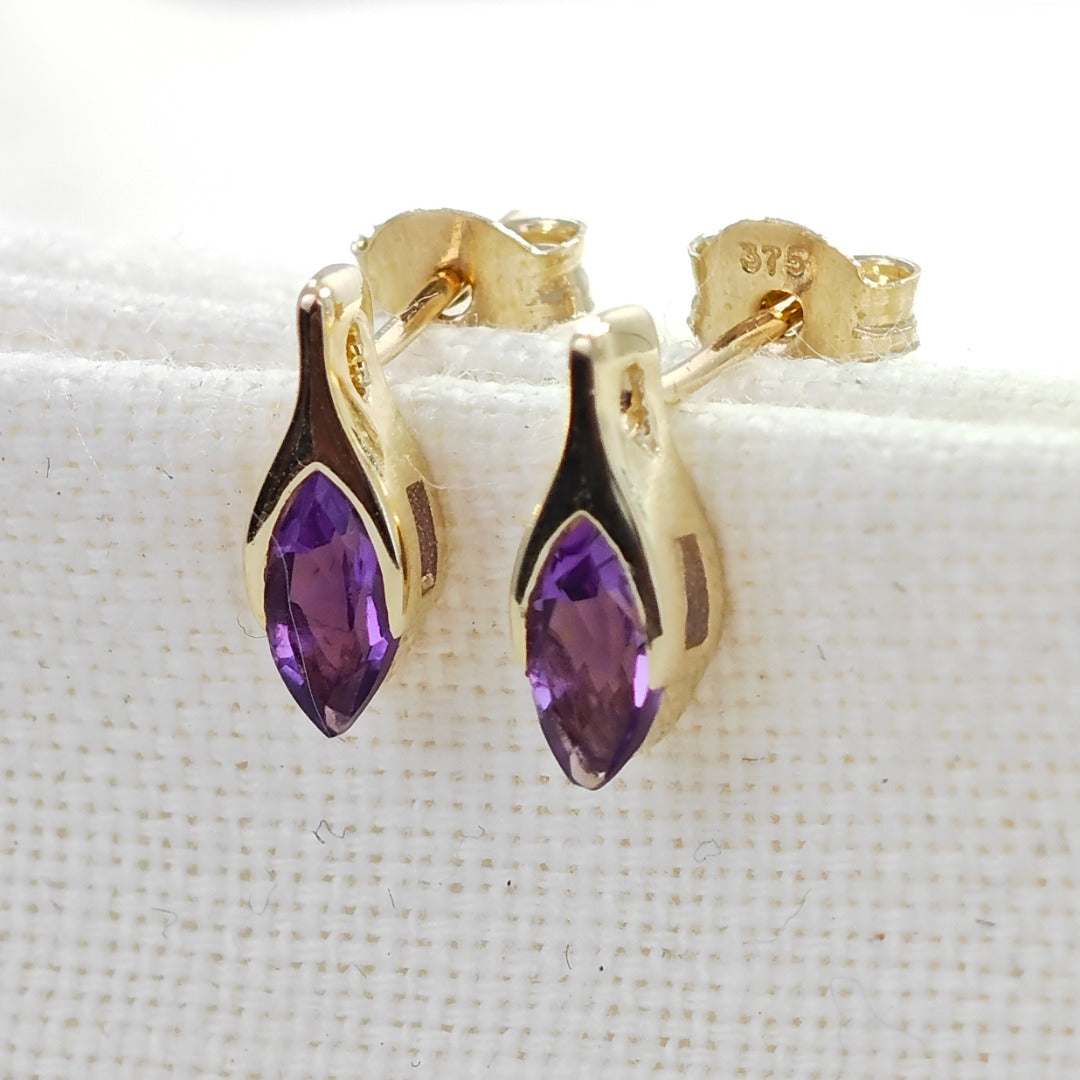 9ct Amethyst Earrings Yellow Gold Studs Minimalist Marquise Handmade UK Design