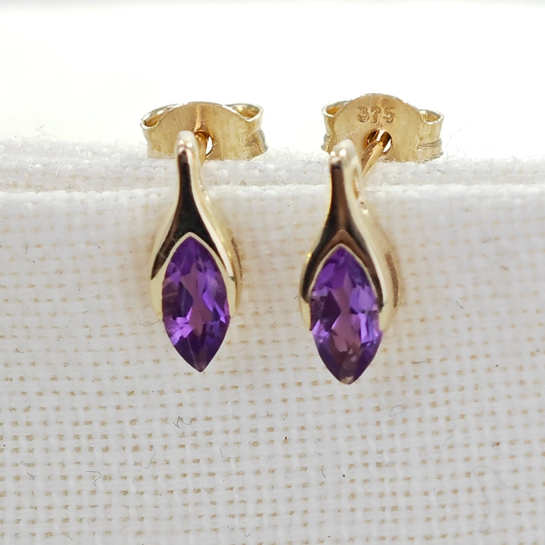 9ct Amethyst Earrings Yellow Gold Studs Minimalist Marquise Handmade UK Design