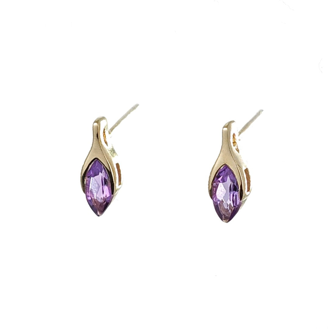 9ct Amethyst Earrings Yellow Gold Studs Minimalist Marquise Handmade UK Design