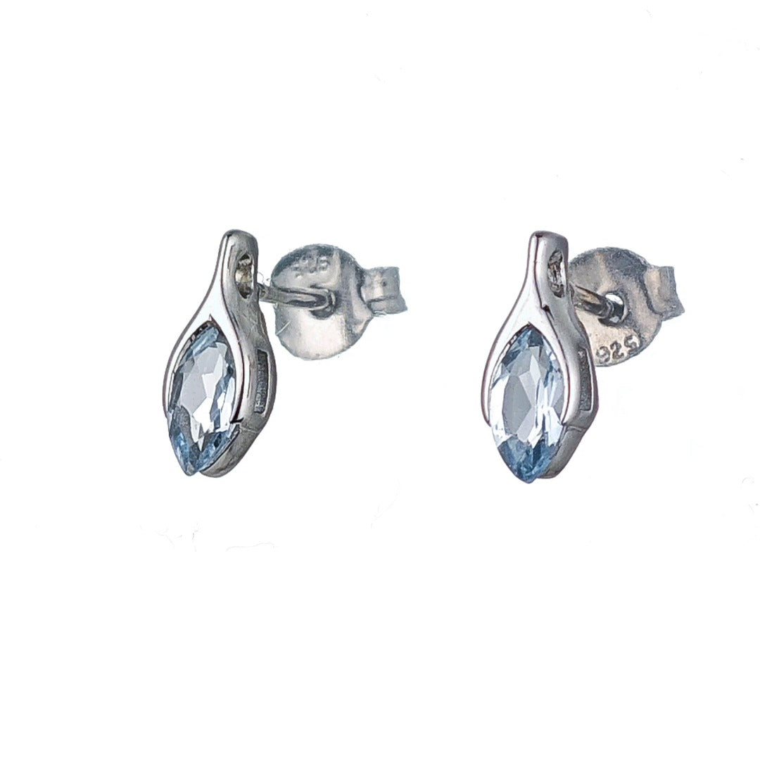 Blue Topaz Earrings Sterling Silver Studs Minimalist Marquise