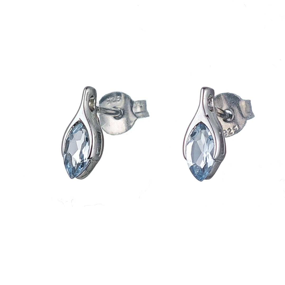 Blue Topaz Earrings Sterling Silver Studs Minimalist Marquise