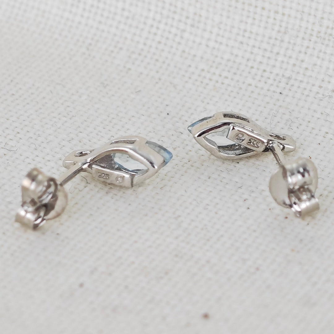 Blue Topaz Earrings Sterling Silver Studs Minimalist Marquise