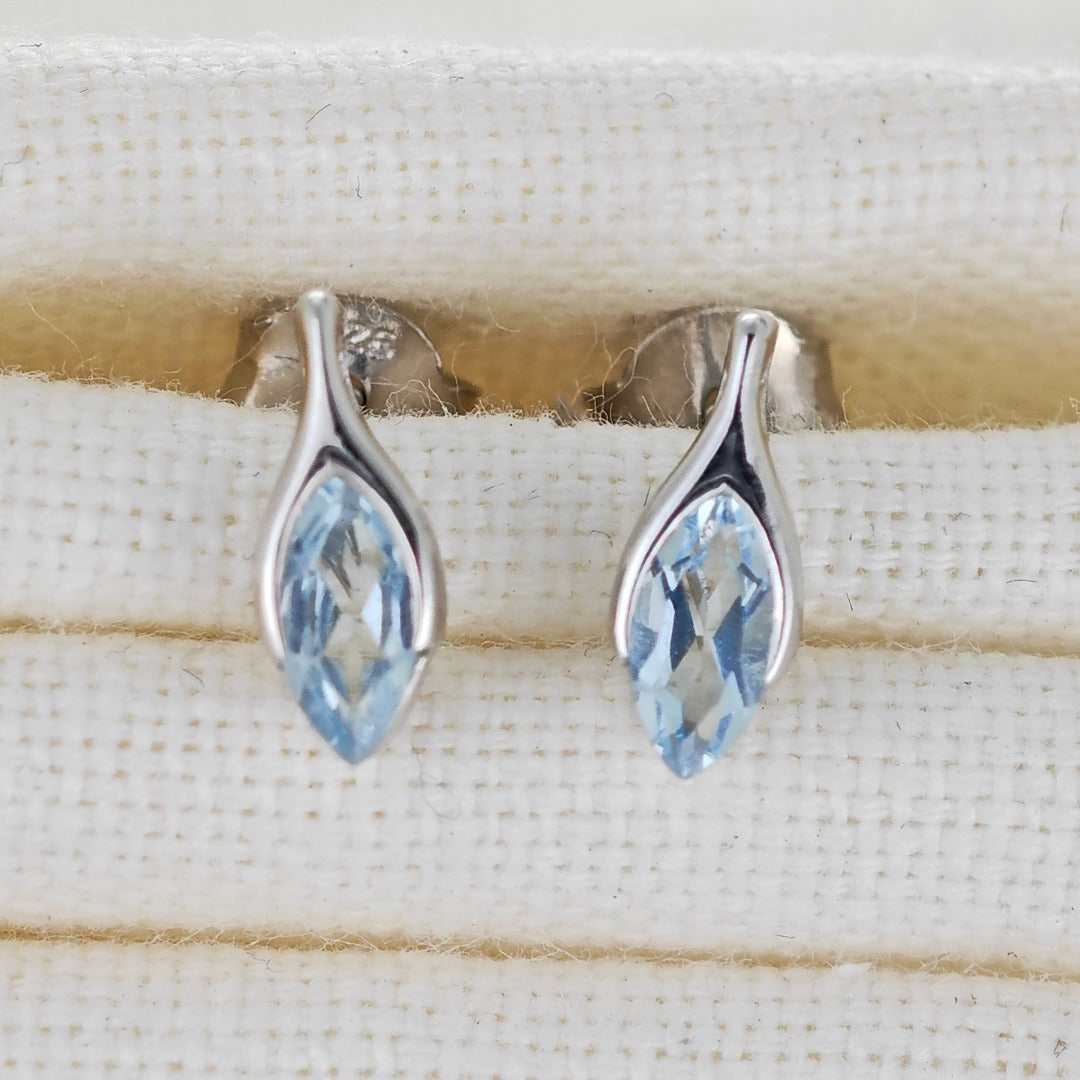 Blue Topaz Earrings Sterling Silver Studs Minimalist Marquise