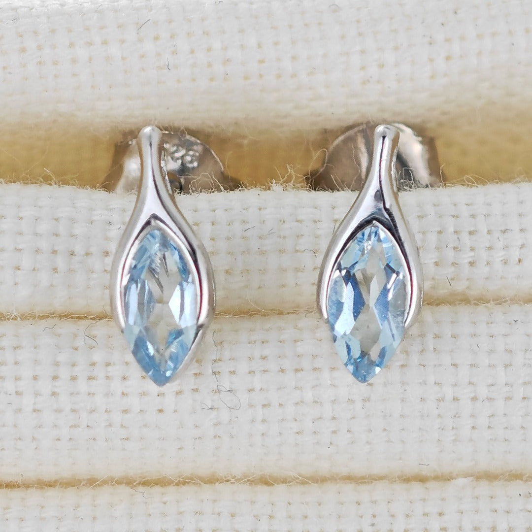 Blue Topaz Earrings Sterling Silver Studs Minimalist Marquise