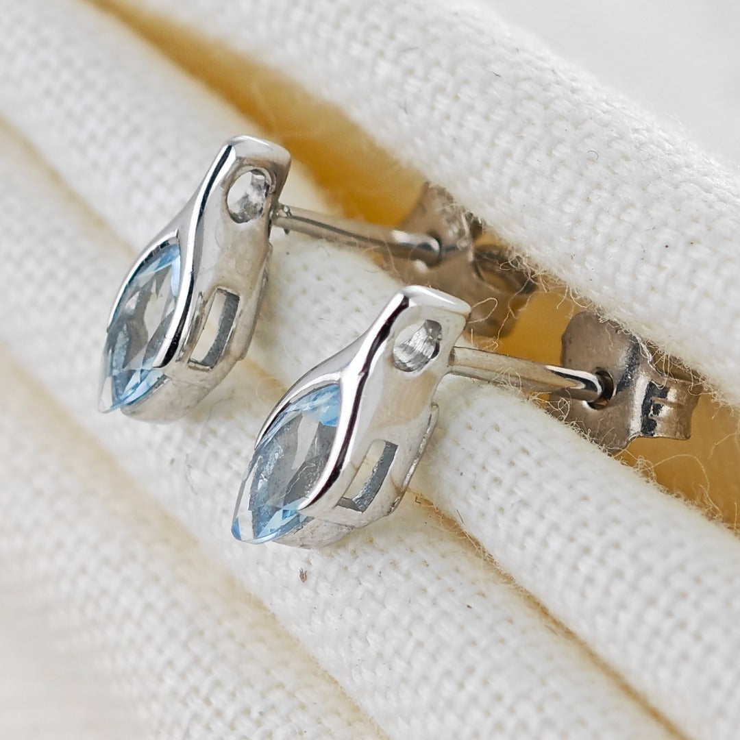 Blue Topaz Earrings Sterling Silver Studs Minimalist Marquise