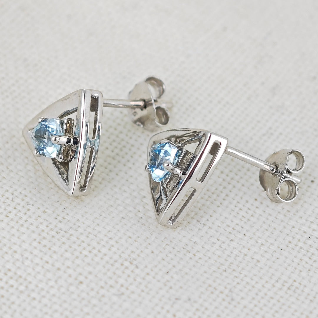 Blue Topaz Earrings Sterling Silver Studs Trillion