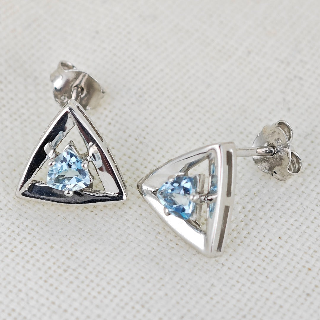 Blue Topaz Earrings Sterling Silver Studs Trillion