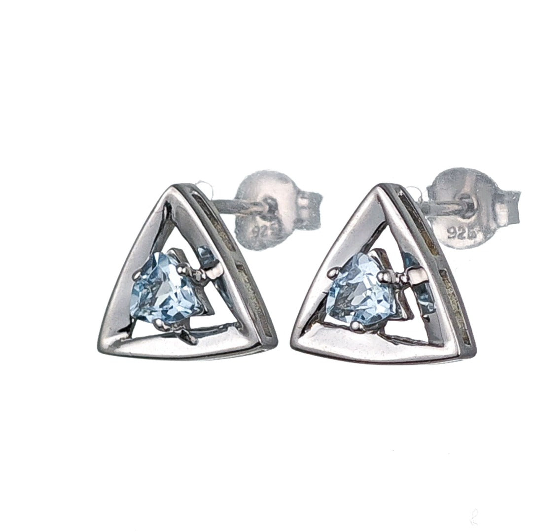 Blue Topaz Earrings Sterling Silver Studs Trillion