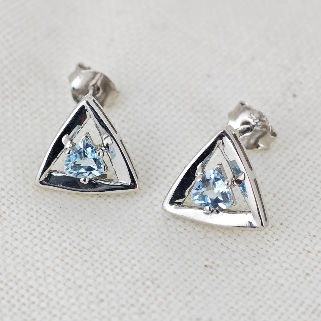 Blue Topaz Earrings Sterling Silver Studs Trillion