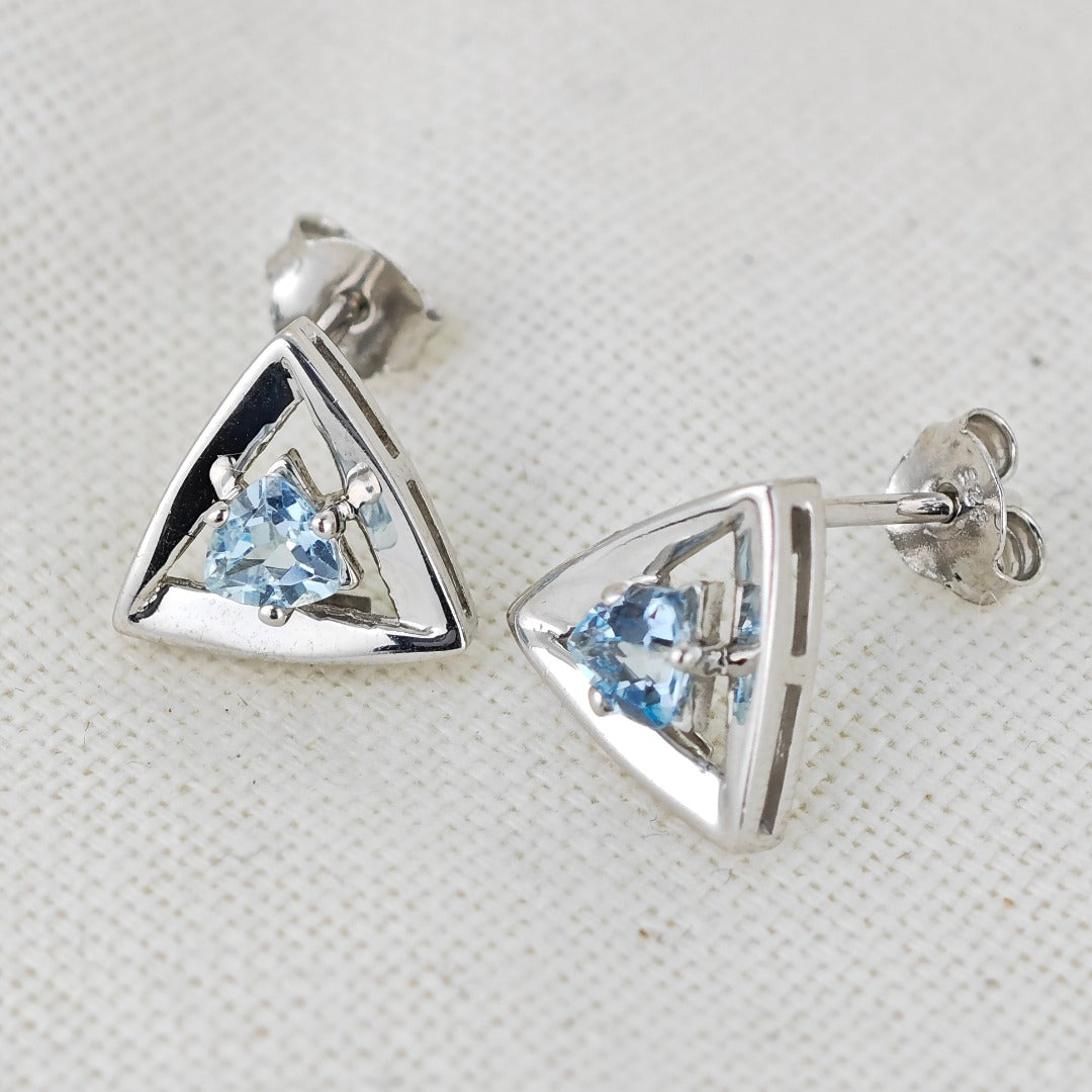 Blue Topaz Earrings Sterling Silver Studs Trillion