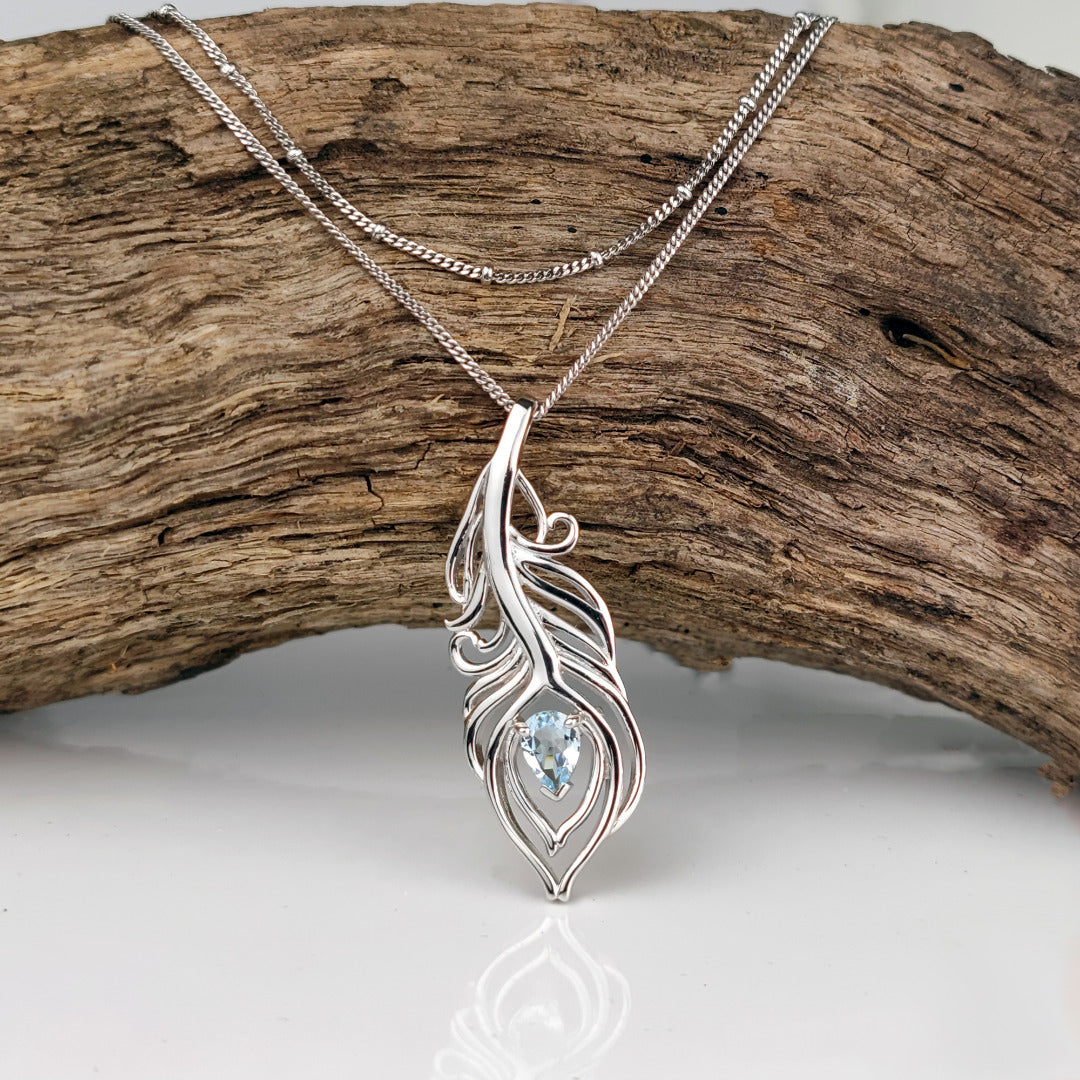 Aquamarine peacock feather pendant plus layered bead chain sterling silver branch