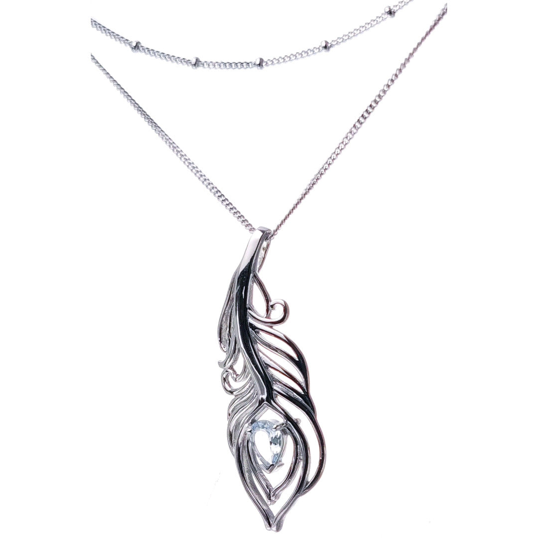 Aquamarine peacock feather pendant plus layered bead chain sterling silver