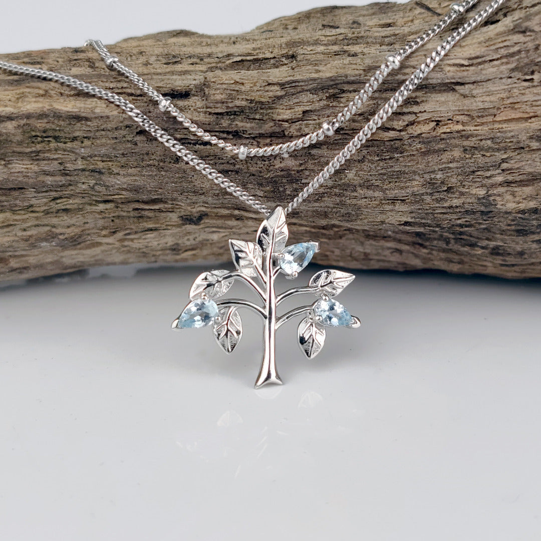 Aquamarine tree of life pendant plus layered bead chain sterling silver branch